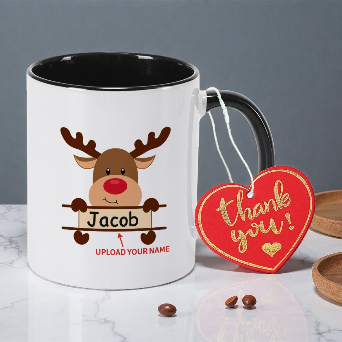 Tailorly Black Accent 11 oz Mug - reindeer christmas print