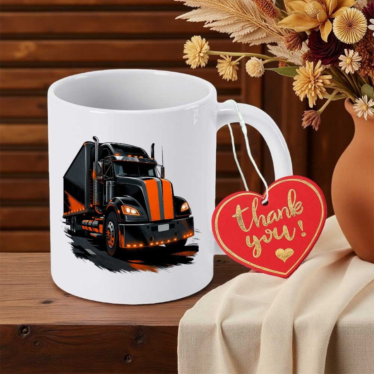 Tailorly White Ceramic 11 oz Mug - Thank You Powerful Black Vehicle With Bold Orange Accents Driving On Road Truck