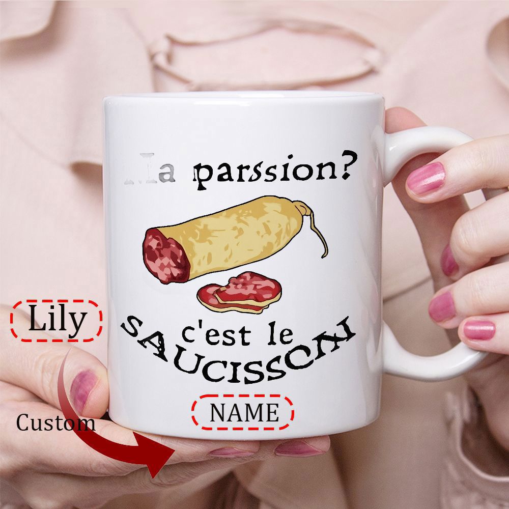 Tailorly White Ceramic 11 oz Mug - Hand Drawn Salami Sausage With Slice On White Ceramic Background Saucisson