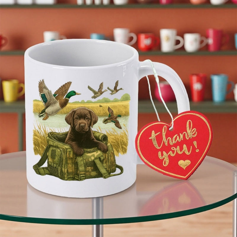 Tailorly White Ceramic 11 oz Mug - Thank You Brown Labrador Puppy Sitting Inside Camouflage Bag With Flying Ducks Dog
