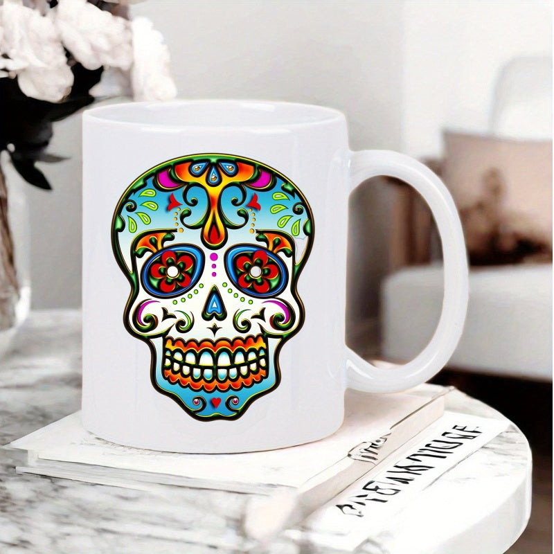 Tailorly White Ceramic 11 oz Mug - Colorful Traditional Mexican Day Of The Dead Ornate Floral Patterns Skull