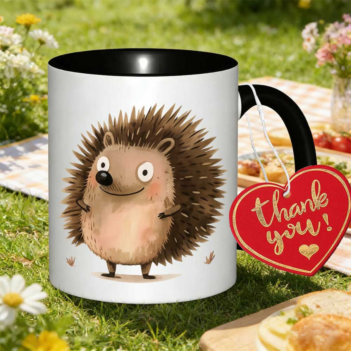 Tailorly Black Accent 11 oz Mug - cute hedgehog with eyes