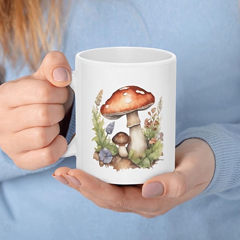 Tailorly White Ceramic 11 oz Mug - Watercolor Botanical Art With Forest Plants And Garden Mushroom