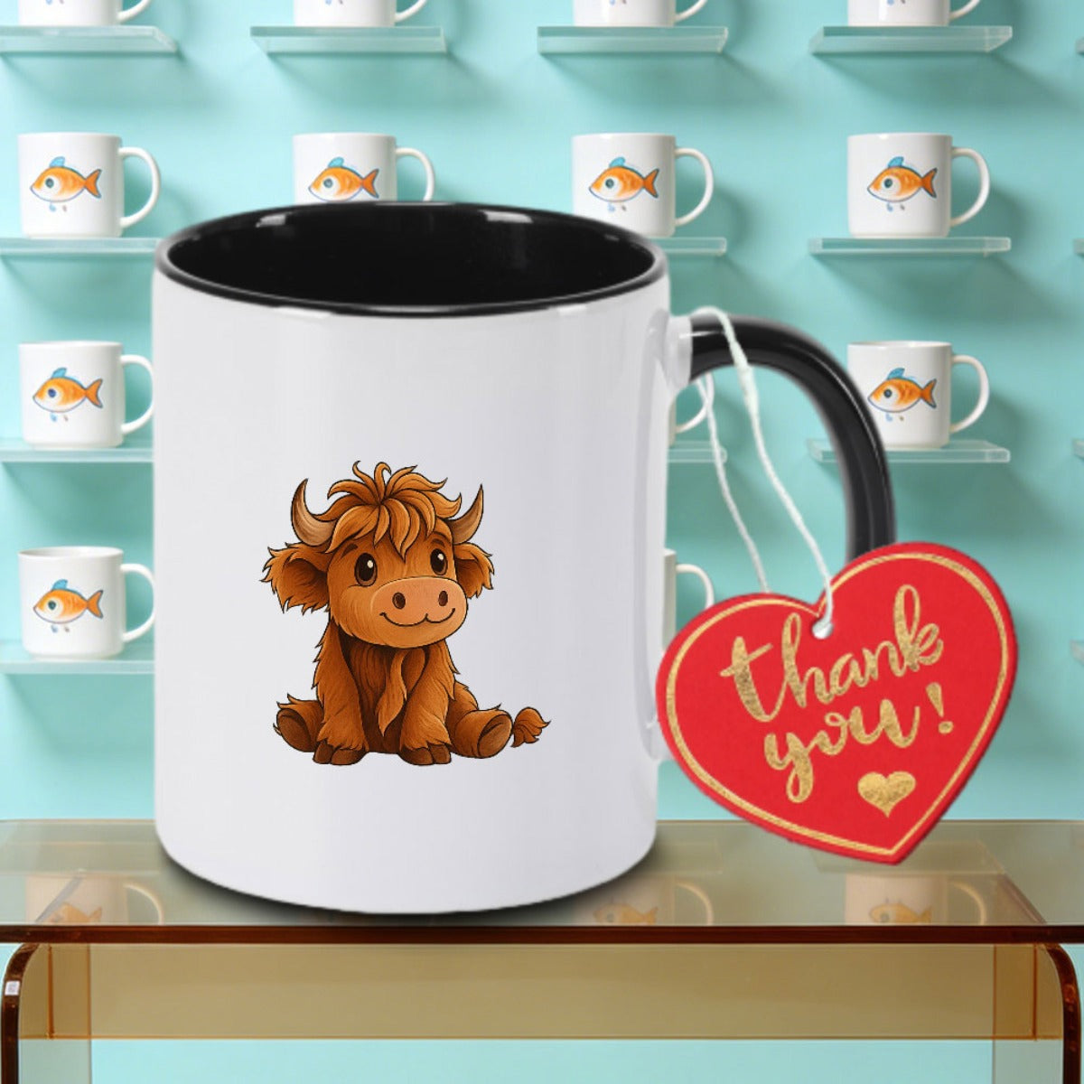 Tailorly Black Accent 11 oz Mug - Cartoon cow pattern