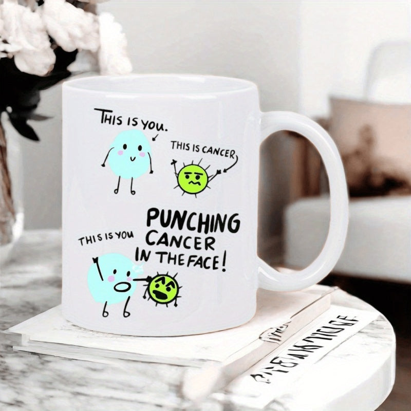 Tailorly White Ceramic 11 oz Mug - This Is You This Is Cancer This Is You Punching Cancer In The Face Minimalist Cartoon Characters Featuring Blue Blob Punching