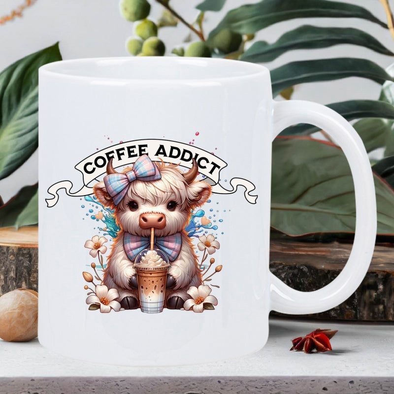Tailorly White Ceramic 11 oz Mug - Coffee Addict Adorable Shaggy Highland Cow Wearing Bows Sipping Delicious Coffee Amidst Flowers Cow