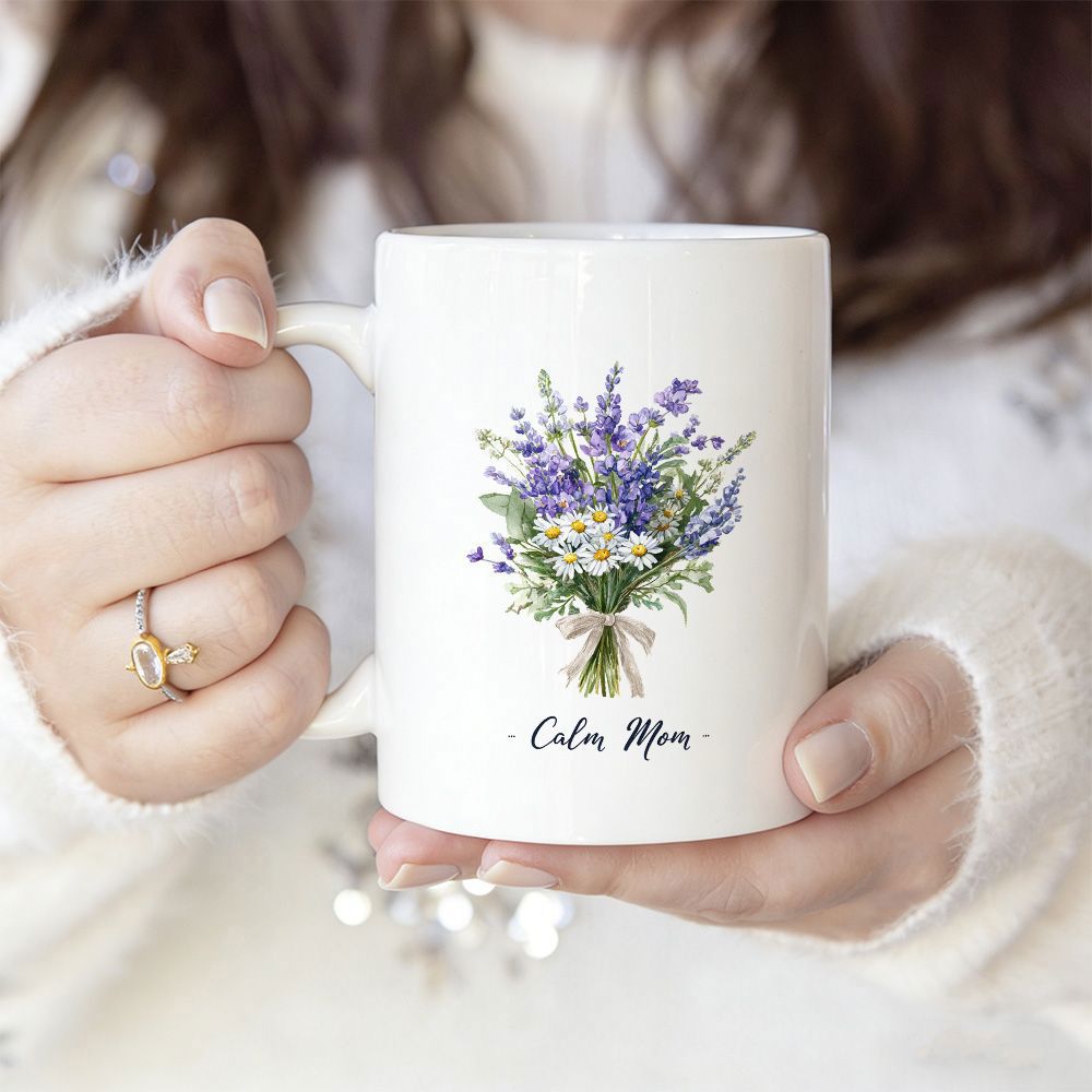 Tailorly White Ceramic 11 oz Mug - Calm Mom Delicate Purple Lavender And White Flowers Wrapped In A Rustic Ribbon Bouquet