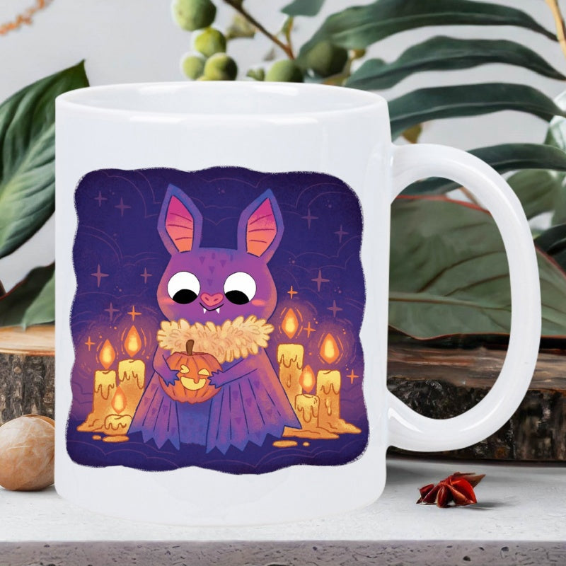 Tailorly White Ceramic 11 oz Mug - Adorable Purple Halloween Character Holding Small Pumpkin Among Glowing Flickering Candles Bat