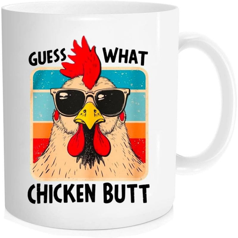 Tailorly White Ceramic 11 oz Mug - Guess What Chicken Butt Retro Vintage Sunset Background Featuring A Cool Rooster Wearing Sunglasses Chicken