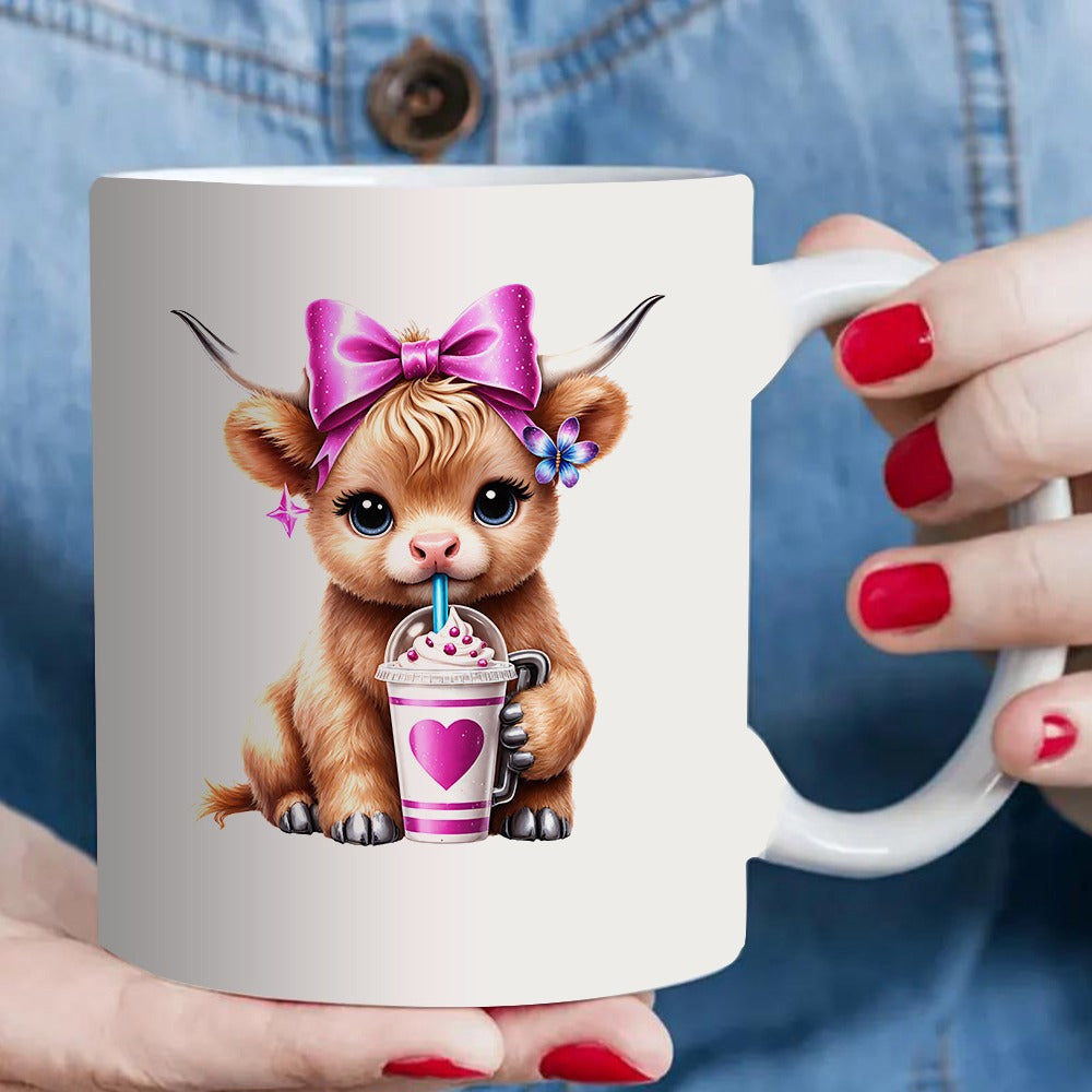 Tailorly White Ceramic 11 oz Mug - Adorable Fluffy Baby Highland Cow Wearing Pink Bow Drinking Sweet Milkshake Cow