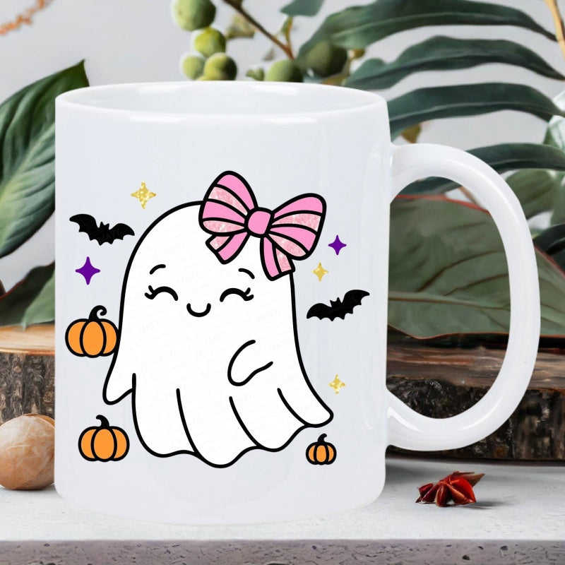 Tailorly White Ceramic 11 oz Mug - Adorable Cartoon Halloween Ghost With Pink Striped Bow Bats And Pumpkins Ghost