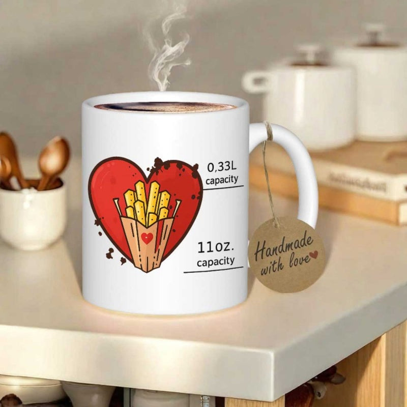 Tailorly White Ceramic 11 oz Mug - 0.33L 11oz Capacity Golden Fried Potato Snacks Tucked Within A Bold Red Heart Fries