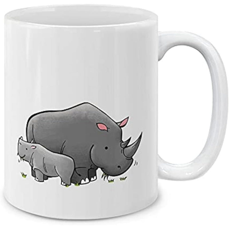 Tailorly White Ceramic 11 oz Mug - Cute Cartoon Mother And Baby Grey Rhinoceros Standing Together On White Rhinoceros