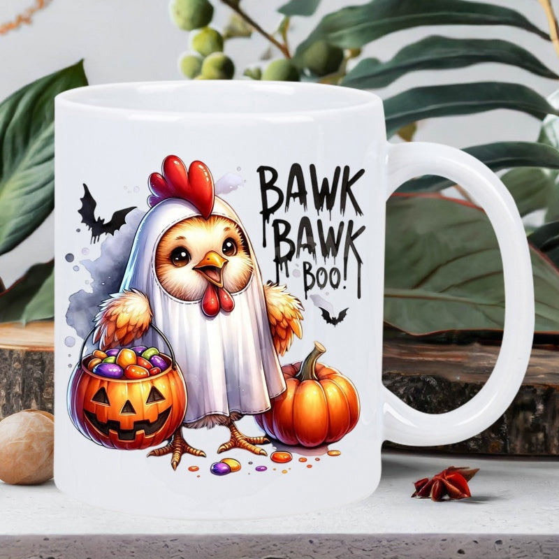 Tailorly White Ceramic 11 oz Mug - Bawk Bawk Boo Cute Ghost Costume Holding Pumpkin Candy Basket With Small Bats Chicken
