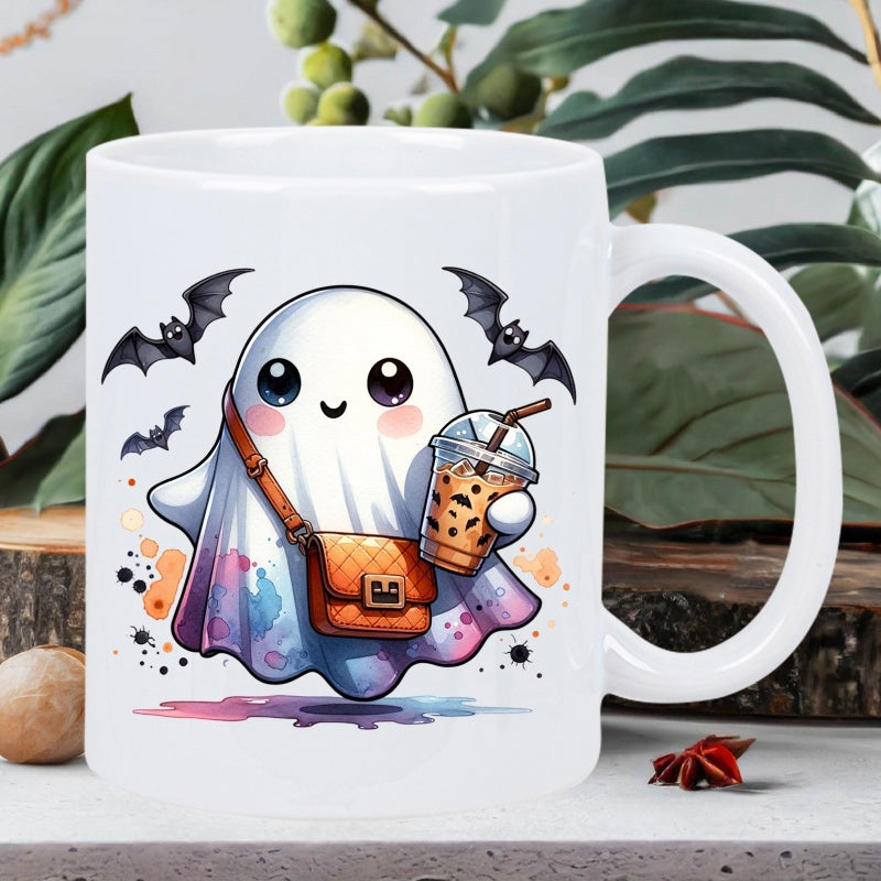 Tailorly White Ceramic 11 oz Mug - Adorable Cartoon Phantom Carrying A Stylish Bag And Iced Tea Boba Ghost