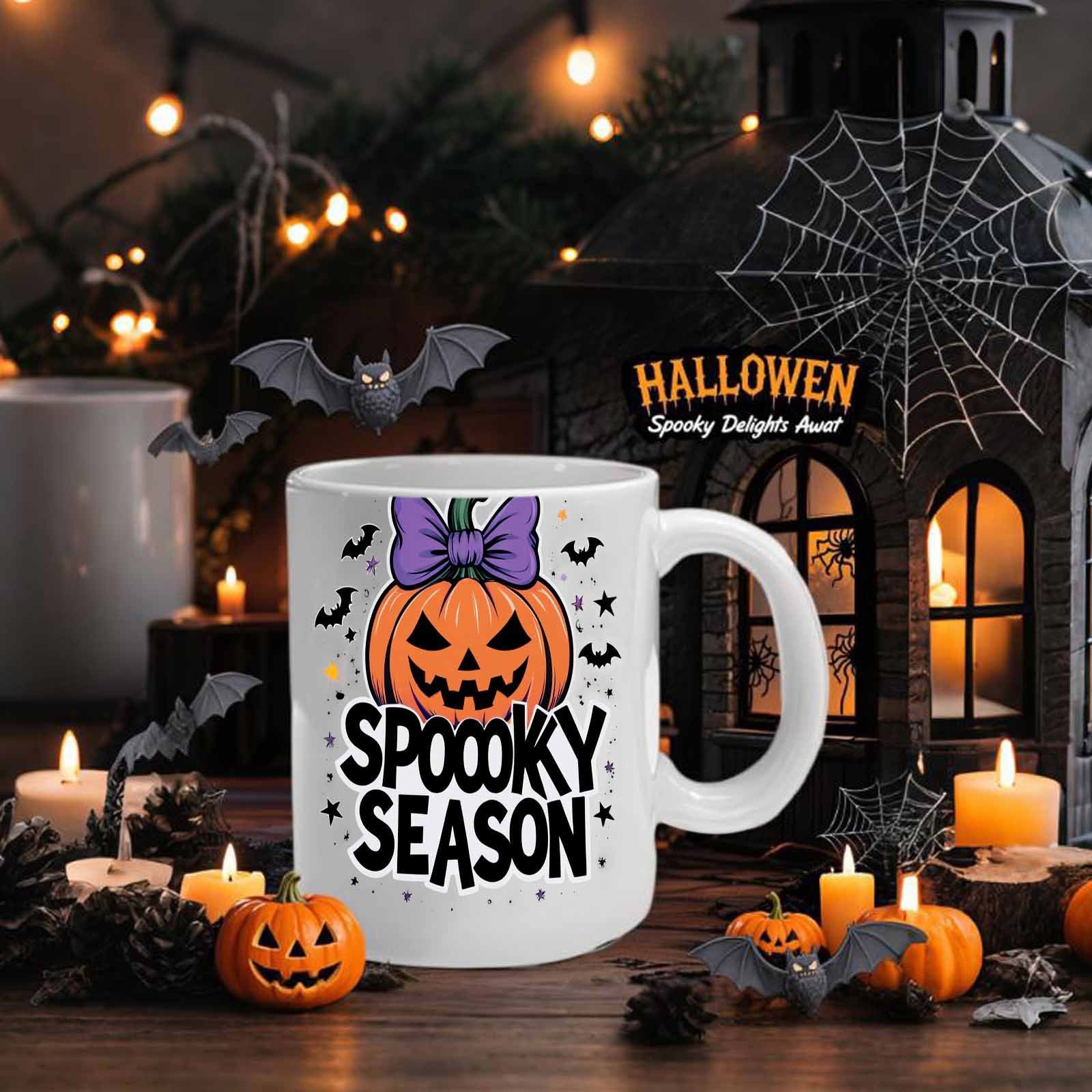 Tailorly White Ceramic 11 oz Mug - Spooky Season Smiling Orange Jack O Lantern With Purple Bow And Flying Bats Pumpkin