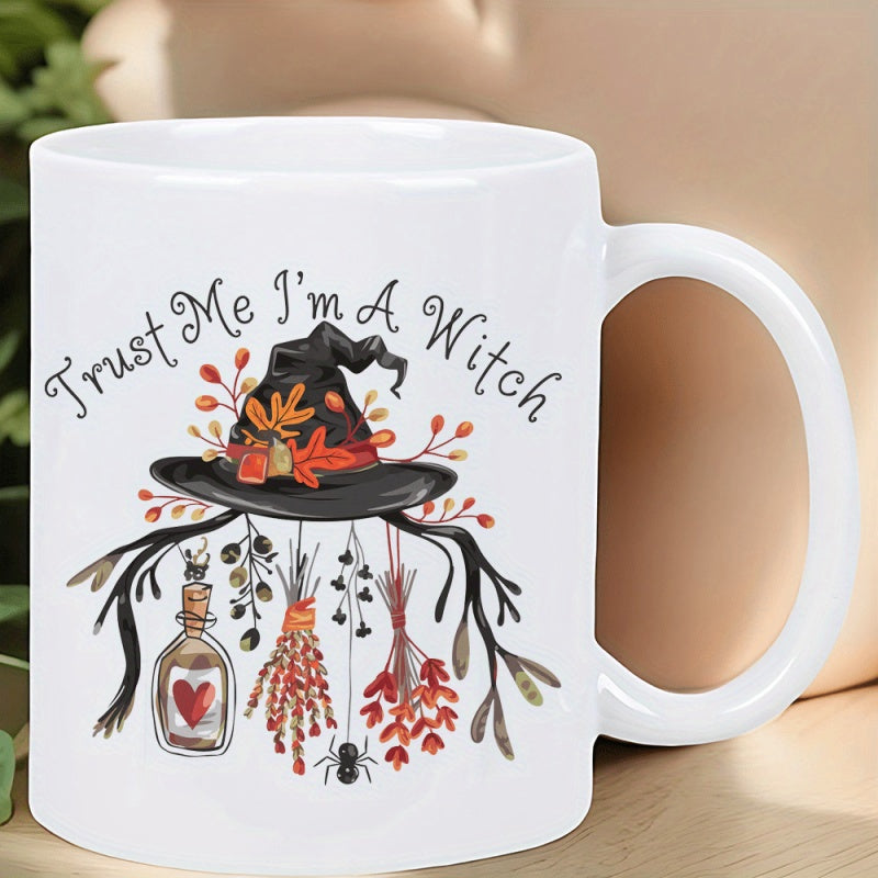 Tailorly White Ceramic 11 oz Mug - Trust Me Im A Witch Autumn Leaves Hanging Potions And Spiders Under A Whimsical Black Pointed Hat
