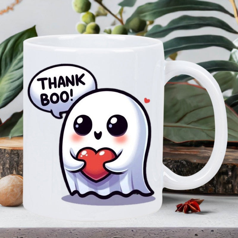 Tailorly White Ceramic 11 oz Mug - Thank Boo Adorable Tiny Floating Figure Holding A Bright Red Love Heart Ghost