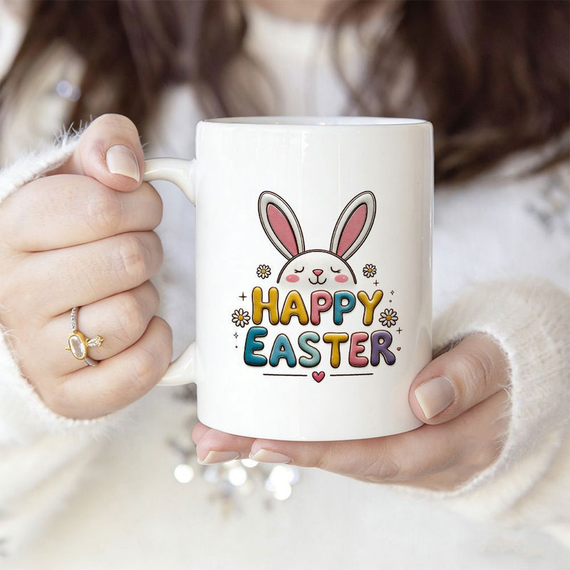 Tailorly White Ceramic 11 oz Mug - Happy Easter Cute Smiling Cartoon Animal With Colorful Bubbly Letters Rabbit