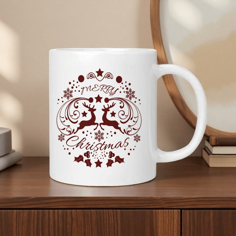 Tailorly White Ceramic 11 oz Mug - Merry Christmas Jumping Mirrored Reindeer Within Decorative Snowflake Circle Reindeer