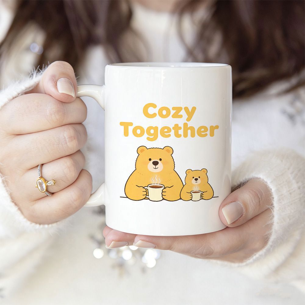 Tailorly White Ceramic 11 oz Mug - Cozy Together Two Sweet Little Golden Animals Holding Small Hot Drink Mugs Bear
