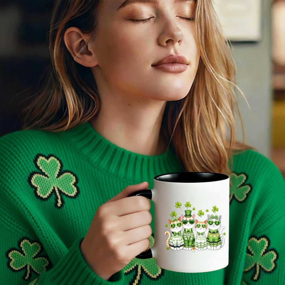 Tailorly Black Accent 11 oz Mug - owl family with hats and shamrocks