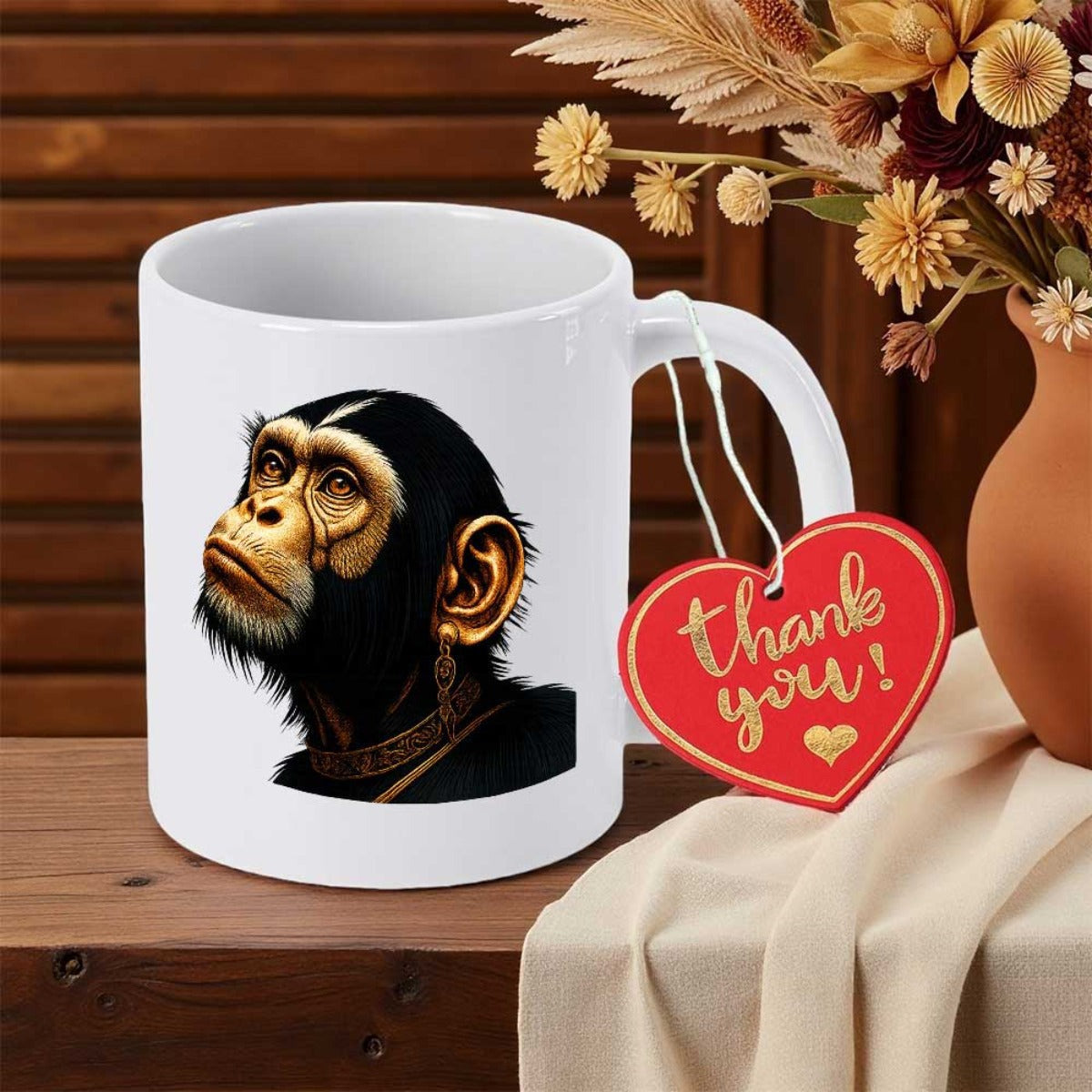 Tailorly White Ceramic 11 oz Mug - Thank You Highly Detailed Artistic Portrait With Golden Ornate Jewelry Chimpanzee