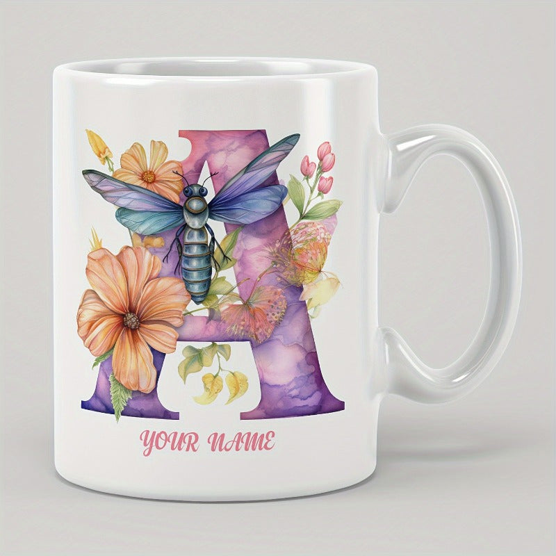 Tailorly White Ceramic 11 oz Mug - Your Name Purple Watercolor Letter A With Vibrant Flowers And Blue Winged Insect