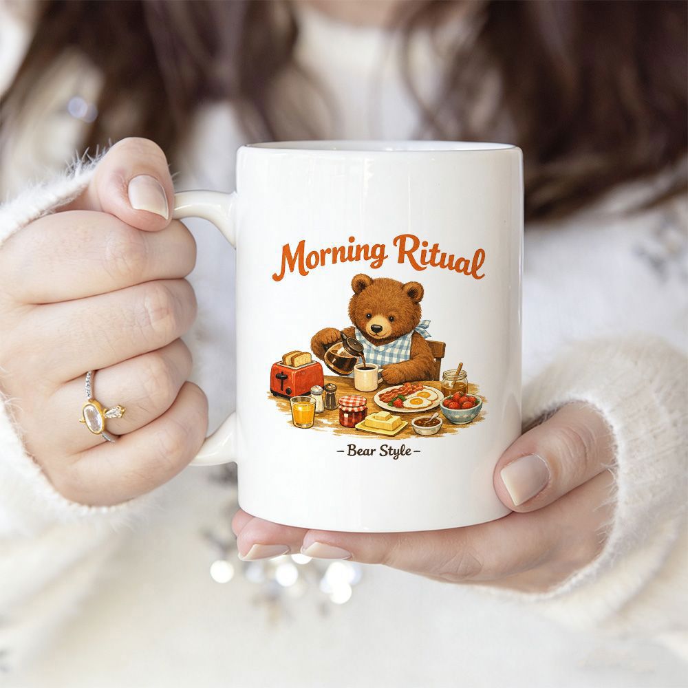 Tailorly White Ceramic 11 oz Mug - Morning Ritual Bear Style Cozy Brown Animal Having Breakfast With Coffee And Pancakes Bear