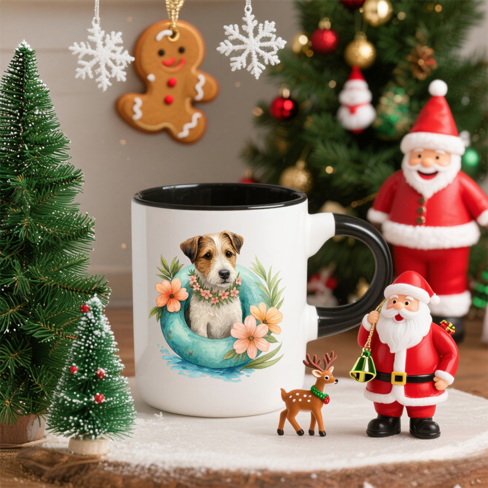 Tailorly Black Accent 11 oz Mug - terrier puppy pink hibiscus