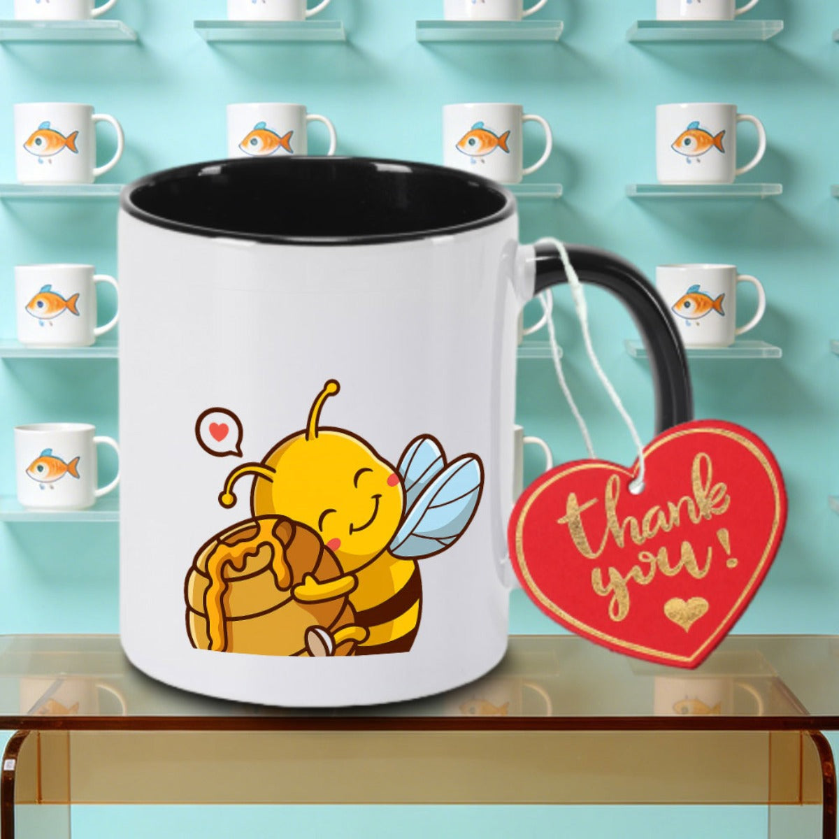 Tailorly Black Accent 11 oz Mug - adorable bees transporting a beehive