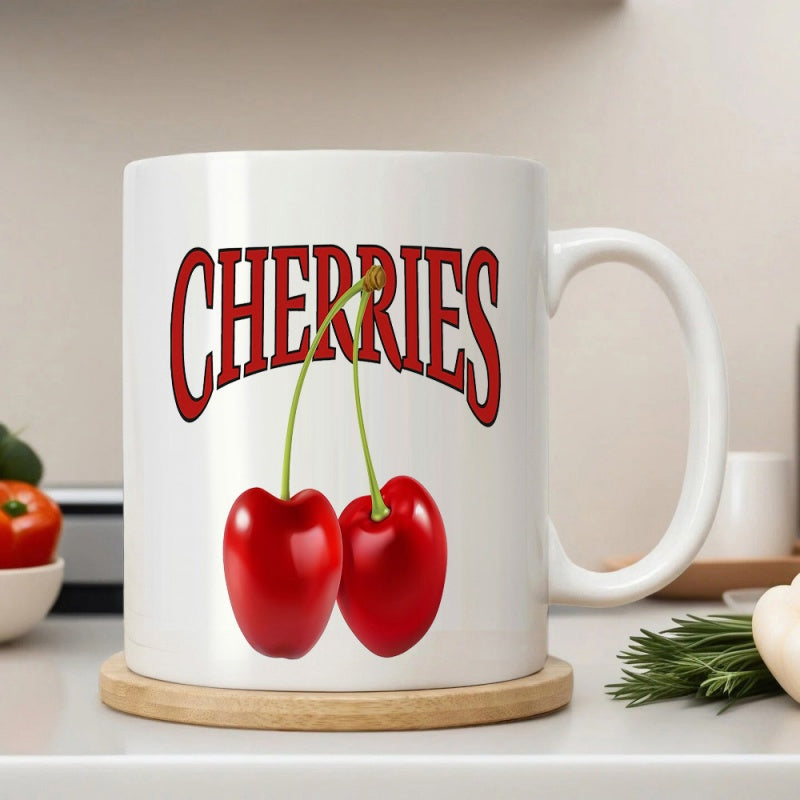 Tailorly White Ceramic 11 oz Mug - Cherries Two Ripe Red Glossy Fruits With Slender Green Intertwined Stems Cherries