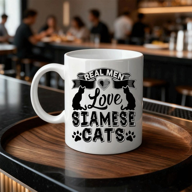 Tailorly White Ceramic 11 oz Mug - Real Men Love Siamese Cats Vintage Style Silhouette With Decorative Hearts And Paw Prints Cat