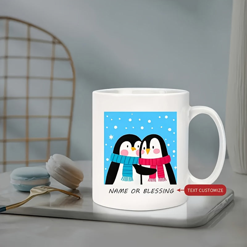 Tailorly White Ceramic 11 oz Mug - Name Or Blessing Two Cute Cartoon Penguins Wearing Colorful Scarves In Snowy Winter Penguin