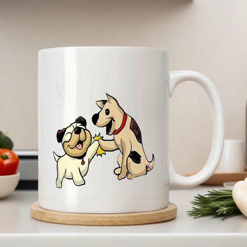 Tailorly White Ceramic 11 oz Mug - Two Cute Cartoon Puppies Giving A High Five With Joyful Expression Dogs