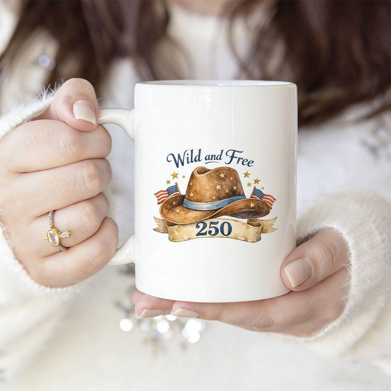 Tailorly White Ceramic 11 oz Mug - Wild And Free 250 Rustic Brown Leather Decorated With Tiny Stars And National Flags Hat