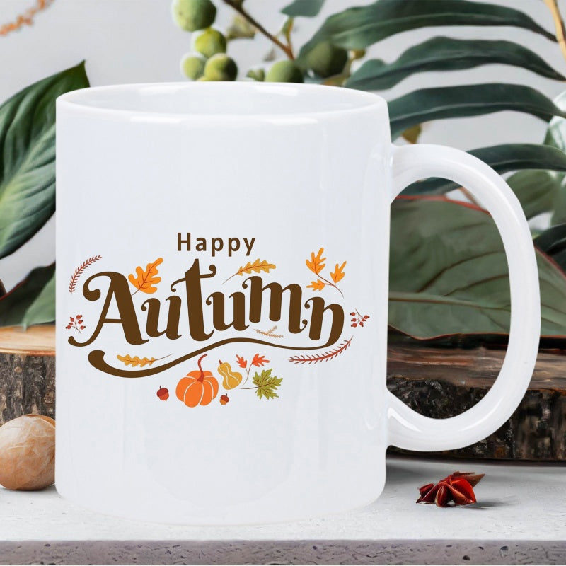 Tailorly White Ceramic 11 oz Mug - Happy Autumn Seasonal Fallen Foliage With Rustic Orange Harvest Pumpkin Mug