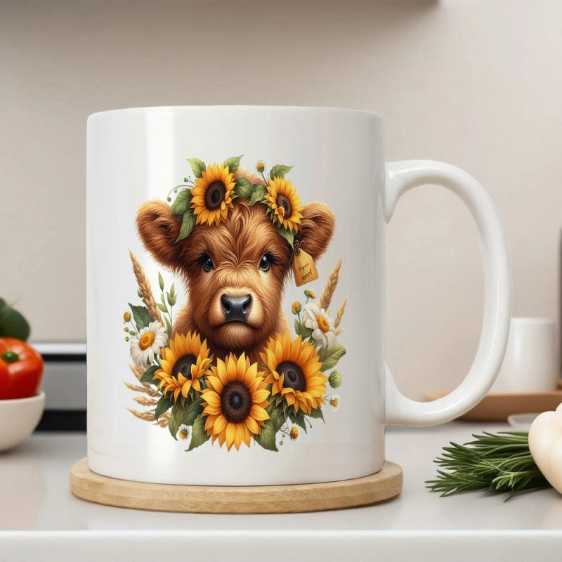 Tailorly White Ceramic 11 oz Mug - Cute Fluffy Baby Highland Surrounded By Blooming Yellow Sunflowers Cow