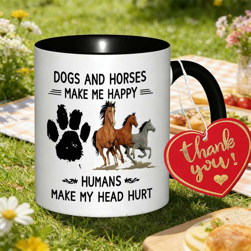Tailorly Black Accent 11 oz Mug - dogs horses happyhumans make hurt printed
