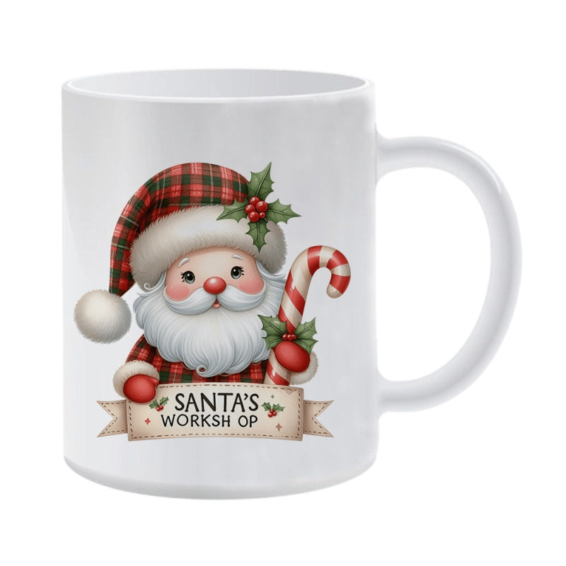 Tailorly White Ceramic 11 oz Mug - Santas Workshop Cute Cartoon Santa Wearing Red Plaid Hat Holding Candy Cane Santa