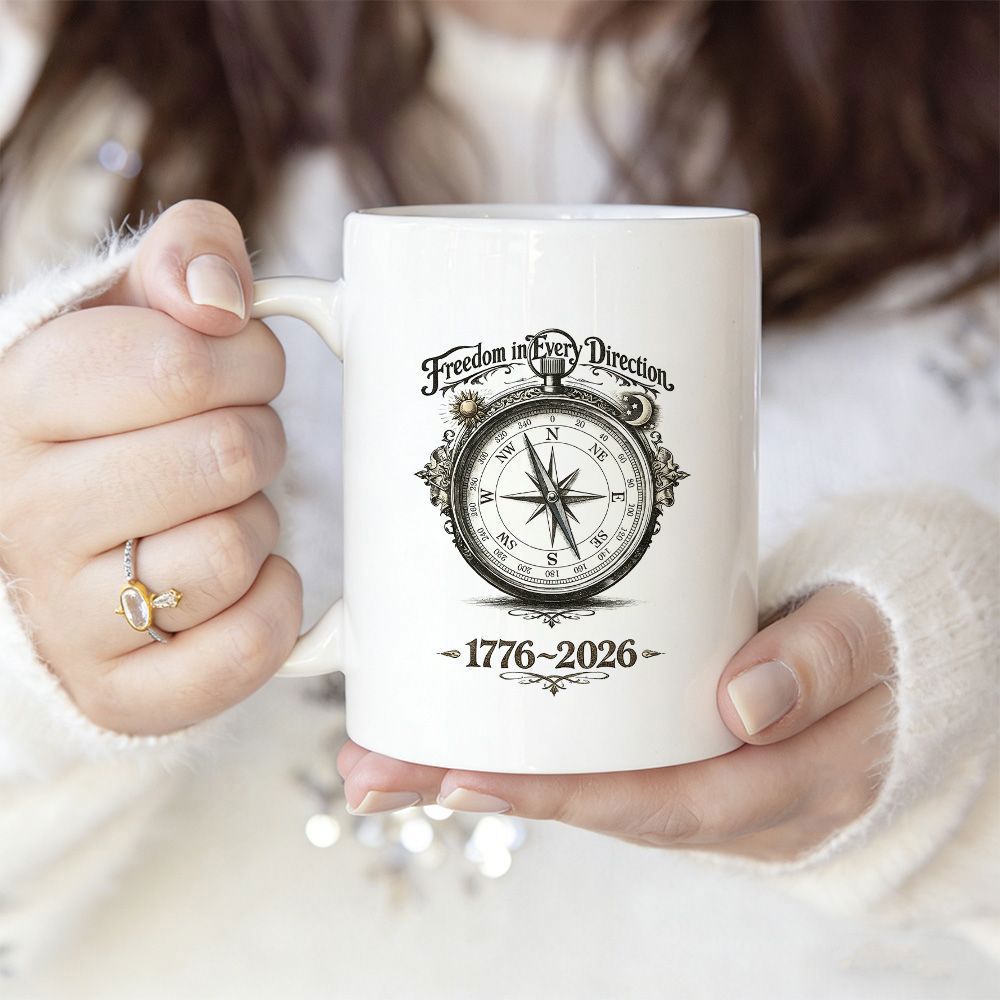 Tailorly White Ceramic 11 oz Mug - Freedom In Every Direction 1776 2026 Vintage Decorative Instrument Featuring Detailed Nautical Navigation Compass
