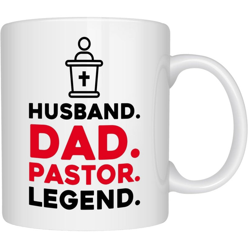 Tailorly White Ceramic 11 oz Mug - Husband Dad Pastor Legend Minimalist Black Line Art Of A Person Behind A Religious Pulpit
