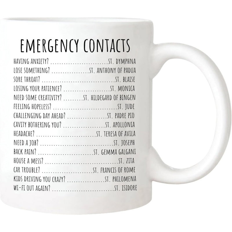 Tailorly White Ceramic 11 oz Mug - Emergency Contacts Minimalist White Ceramic Vessel Featuring List Of Names And Dotted Lines Mug