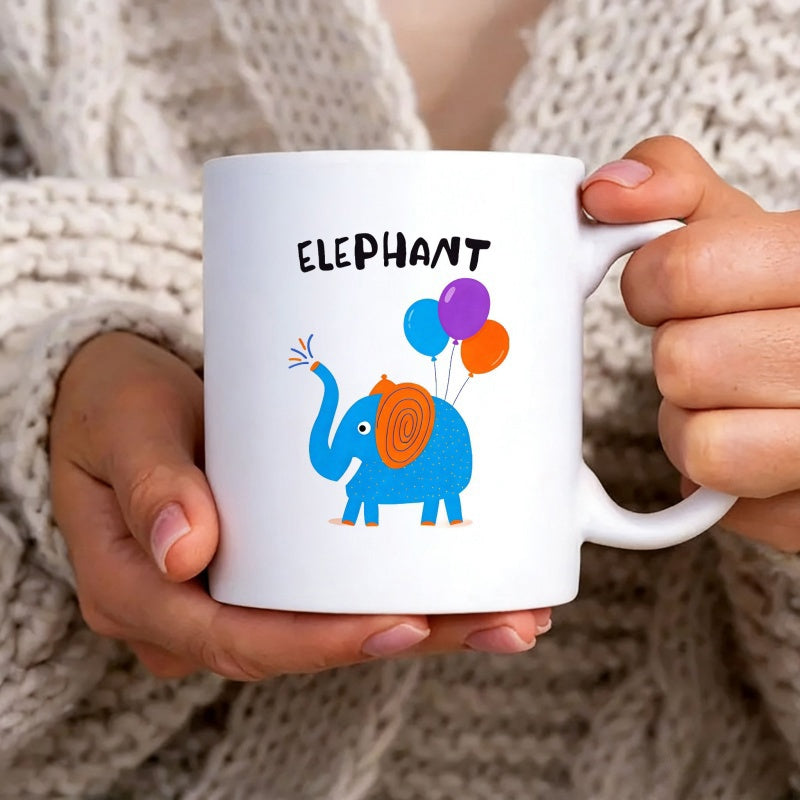 Tailorly White Ceramic 11 oz Mug - Elephant Cute Blue Cartoon Elephant Carrying Three Colorful Balloons In The Air Elephant