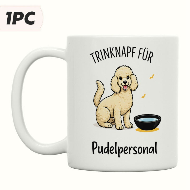 Tailorly White Ceramic 11 oz Mug - Charming Cartoon Dog Sitting Peacefully Beside A Small Black Water Bowl Poodle