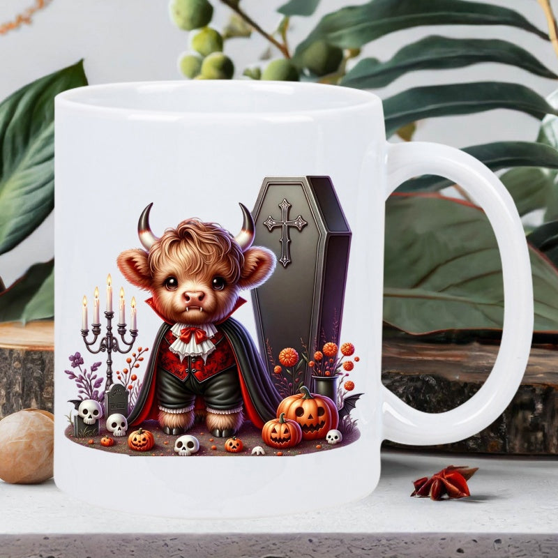 Tailorly White Ceramic 11 oz Mug - Spooky Halloween Scene With Cute Vampire Highland Calf Beside Dark Coffin Cow