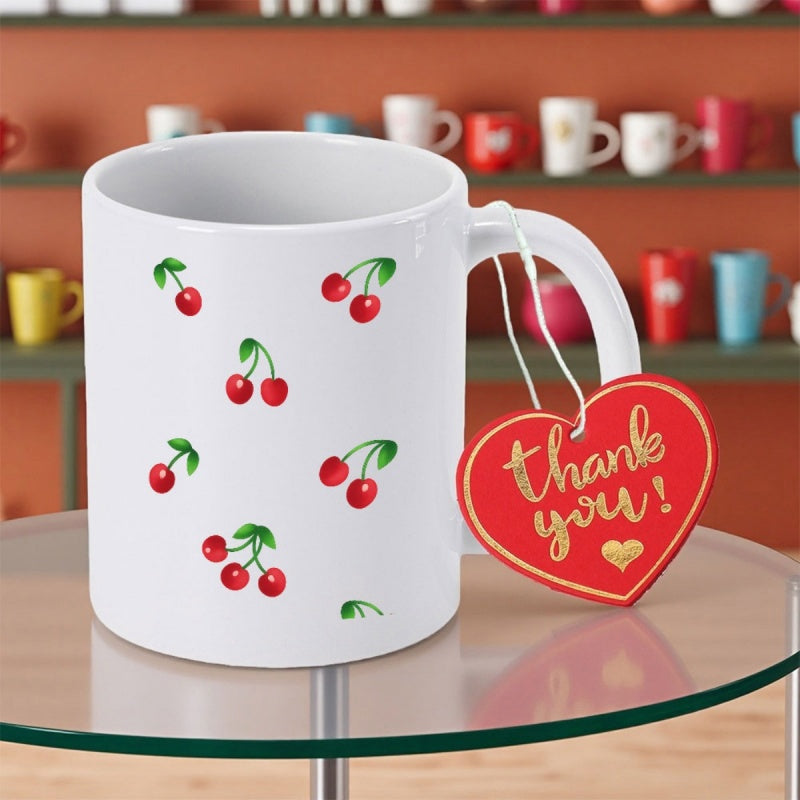 Tailorly White Ceramic 11 oz Mug - Thank You Sweet Red Ripe Fruit Pattern Scattered Among Fresh Green Leaves Cherry