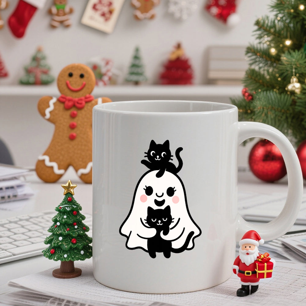 Tailorly White Ceramic 11 oz Mug - Adorable Little Ghost Embracing Black Cats In A Playful Halloween Atmosphere Ghost