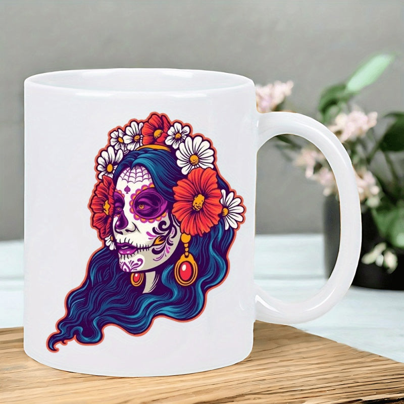 Tailorly White Ceramic 11 oz Mug - Vibrant Red Flowers With Long Blue Wavy Hair Sugar Skull Catrina