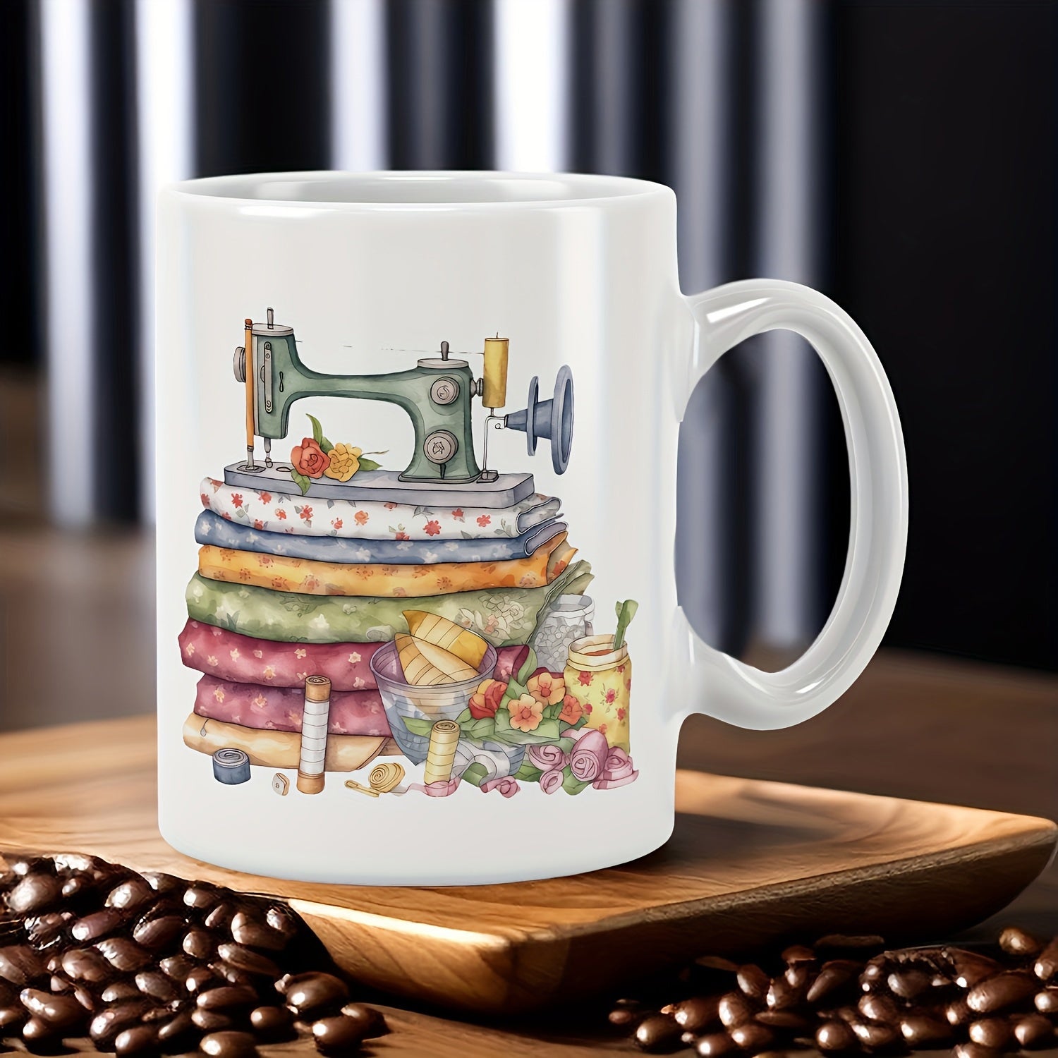 Tailorly White Ceramic 11 oz Mug - Vintage Illustration Resting On Stack Of Colorful Patterned Fabrics Sewing Machine